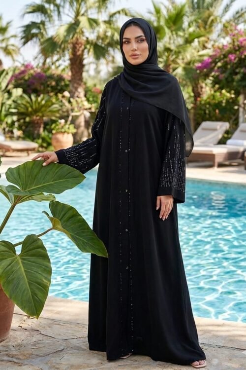 H 2000-2 Premium Black Crystal Work Abaya
